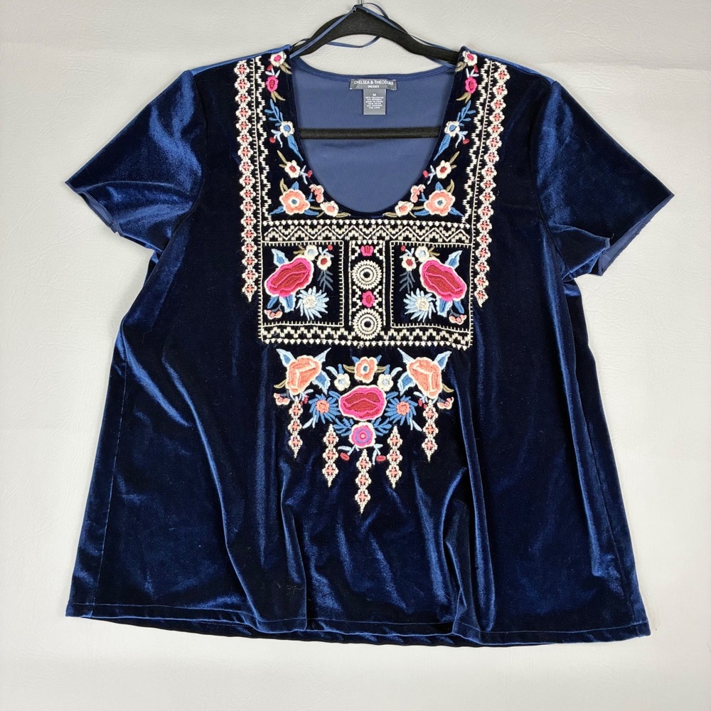 Chelsea & Theodore Navy Velvet Embroidered Top Cap Sleeve Old Money Blue Med